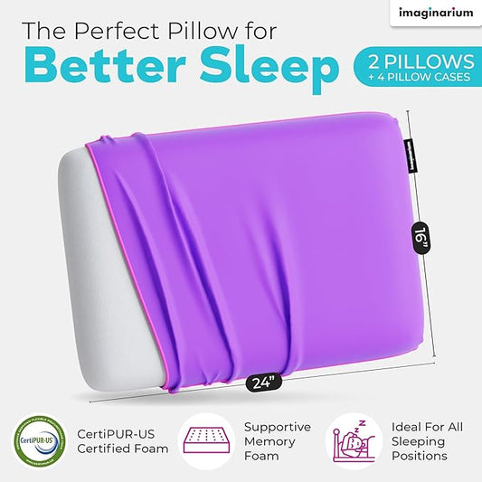 Imaginarium 2 Pack Memory Foam Pillows for Bed – 16" x 24" Standard – Fun Decorative Colorful Pillow for Sleeping – Back, Stomach & Side Sleepers – Plus 2 Extra Cooling Covers (Galactic Purple)