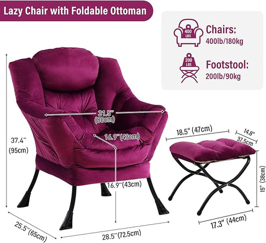 Lazy Chair with Ottoman, Modern Chair with Folding Footrest, Velvet Dark Purple Accent Chair, Comfortable Reading Chair, Oversized Armchairs for Bedroom, Study, Living Room, Courtyard