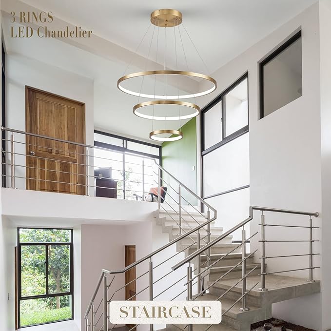 3 Rings LED Chandeliers Modern Gold Chandelier Dimmable Flush Mount Pendant Light Fixture Remote Control Contemporary Pendant Chandelier for Dining Room Bedroom Foyer, 3000-6500K