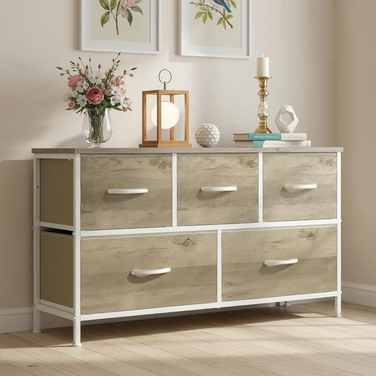 OLIXIS Dresser for Bedroom with 5 Drawers, Wide Chest of Drawers, Fabric Bedroom Dresser with Drawer Organizer, Storage Organizer Unit with Fabric Bins for Closet, Living Room, Hallway, Greige Oak