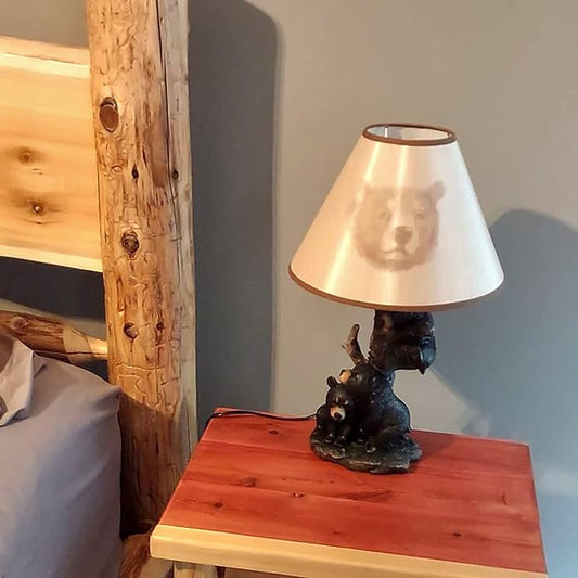 Zeckos Rustic Black Bear Family Table Lamp - Lodge-Inspired Home Lighting - 20" Tall Resin Construction - Charming Bear Face Print Shade - Ideal for Cabins and Dens