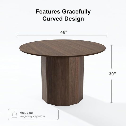 Casaphoria 46" Round Dining Table, Modern Wood Kitchen Table with Cylinder Polygonal Base for Living Room & Dining Room, Easy Assembly Farmhouse Furniture for 4-6, Walnut