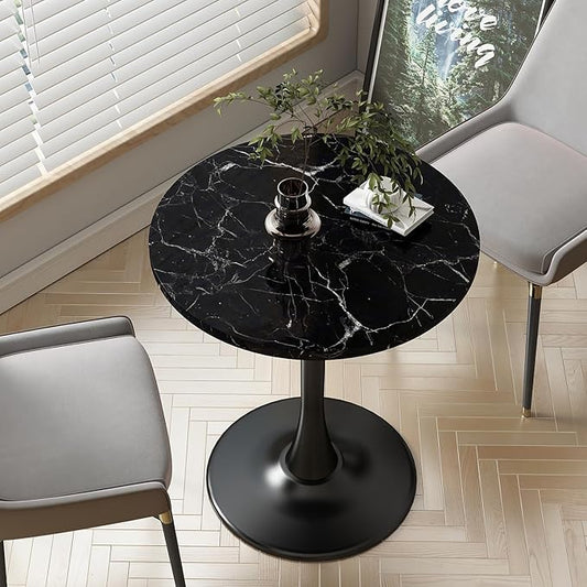Black Marble Round Dining Table 24" Circle Tulip Table with Thickened Tabletop & Sturdy Metal Pedestal Mid Century Modern Leisure Bistro Kitchen Tables 2 People Small Places Living Room Cafe