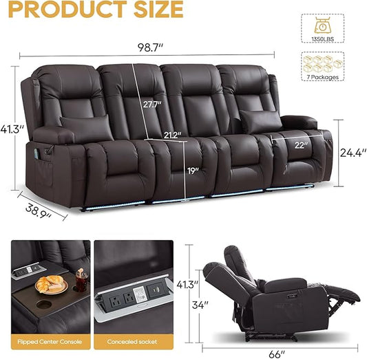 IPKIG Power Recliner Sofa with Flip-Up Backrest Console, USB & USB-C Ports, AC Outlet, LED Lights, Wall Hugger Recliners for Living Room, RV (Brown, 98.7" - 4 Seat) | Faux Leather, Zero Gravity, Dual Reclining, 2 Lumabr Pillow
