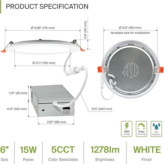 ASD 6 Pack LED Recessed Lighting 6 Inch 15W, 5 CCT 2700K-5000K CRI90+, IC Rated Ultra Thin Dimmable Ceiling Lights with J Box, Canless Wafer Downlight, Round Slim Panel Light, Energy Star ETL, White