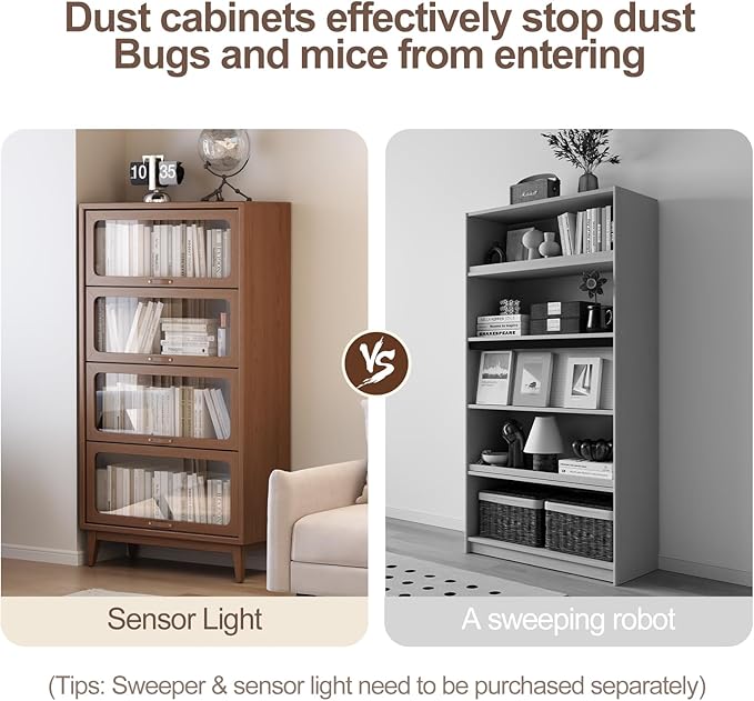 4-Layer Natural Wood Finish Solid Wood Bookcase 4-tire with Tempered Glass Flip-Up Doors,60Hx13.7Dx32W Bookshelves Finish Cube Storage Organizer