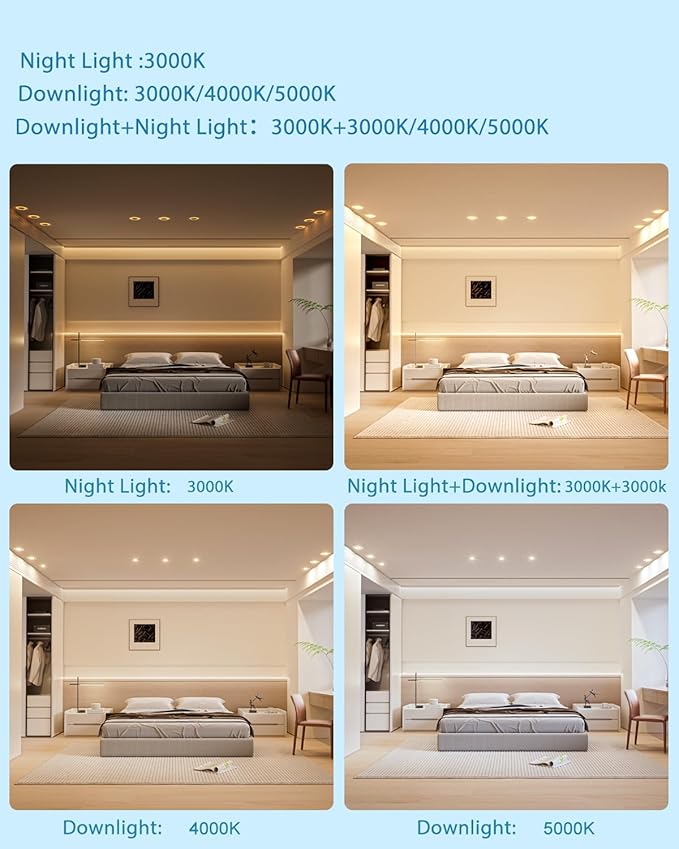 Lightdot 6" LED Recessed Lighting w/Night Light, Triac Dimmable, 12W 3000K/4000K/5000K Adjustable, Memory, CRI>90, Retrofit, Gray w/Clear Acrylic Trim - 6 Pack