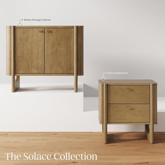Nathan James Solace Mid Century Modern 2 Drawer Nightstand with Solid Wood Frame and Rounded Details, Light Brown