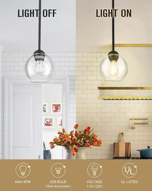 Emak 7 Inch Globe Pendant Light, Matte Black Pendant Light Fixtures with Clear Glass, 1-Light Hanging Lights for Kitchen, Bathroom, Bedroom, Hallway, 2 Pack, PL119-BK-2PK