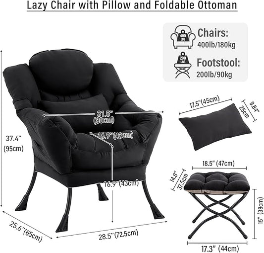 Lazy Chair with Ottoman, Modern Accent Chair with Lumbar Pillow, Black Sofa, Armchairs with Folding Footrest, Oversized Supportive Chairs for Bedroom, Reading