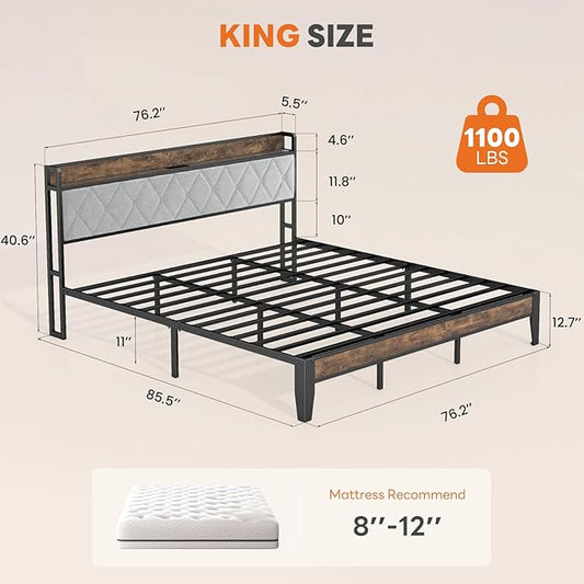Sweetcrispy King Bed Frame with Headboard, Storage Headboard with USB Charging Station, Durable Squeak-Free Frame, Simple No-Tool Assembly,Works with King Mattress No Box Spring Needed