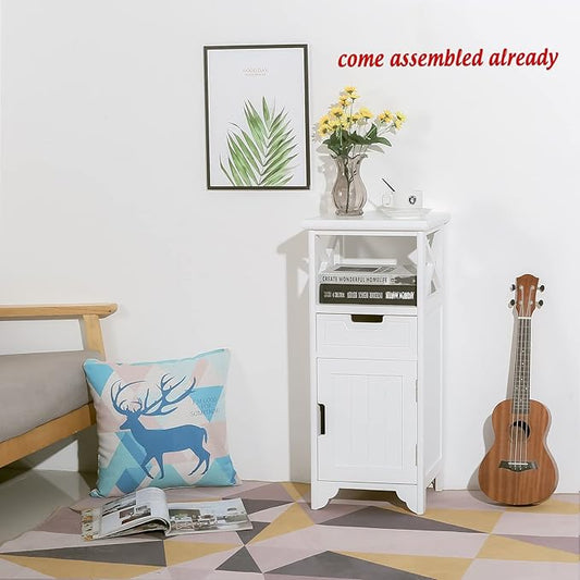 End Table with Drawer and Doors(Fully Assembled), 30" Height Floor Standing Storage Cabinet with Shelf for Bathroom, Solid Wood Side Table/Nightstand/Side Cabinet for Bedroom -White