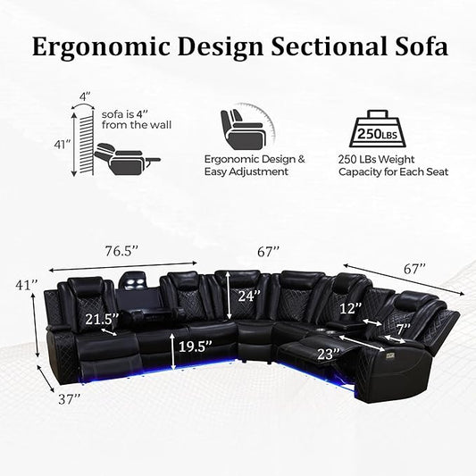 Power Recliner Sectional Couch for Living Room, Breathing Leather Reclining Sectional Sofa, 6 Seat L Shaped Reclining Couch with LED Lighting/Cup Holders/Strorage/USB Port (Black)