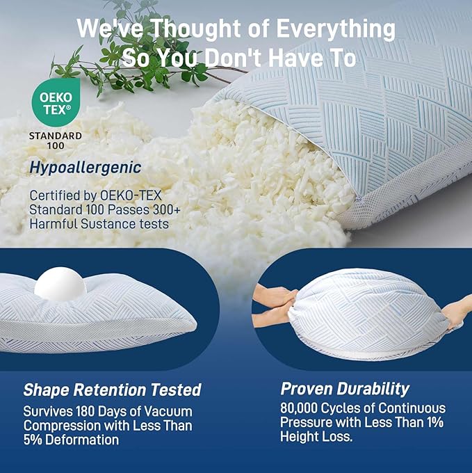 Lyralith Shredded Memory Foam Cooling Soft Bamboo Viscose Pillow Queen Size, Adjustable Hypoallergenic Hotel Quality Bed Pillow for Side, Stomach or Back Sleeper, Oeko-TEX Certified