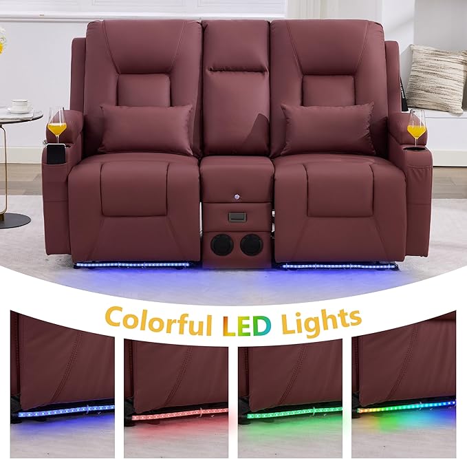 URRED Power Loveseat Recliner Sofa with Console, Wall Hugger Reclining Loveseat RV Couch with LED Light, 150° Zero Gravity Recliners Modular Couches for Living Room (Red, 68.1'' - 2 Seats)