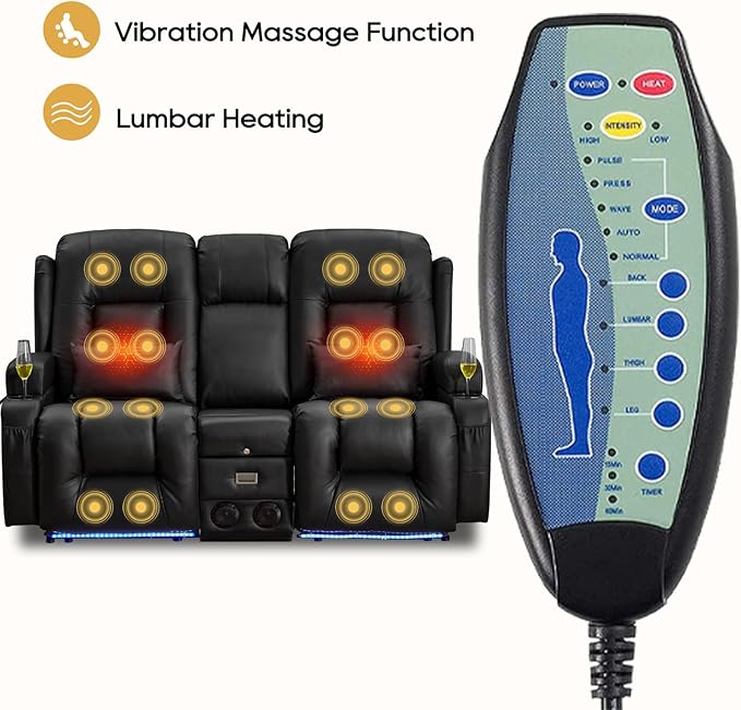 IPKIG Power Recliner Sofa with Flip-Up Backrest Console, USB & USB-C Ports, AC Outlet, LED Lights, Wall Hugger Recliners for Living Room, RV (Black, 67" - 3 Seat) | Faux Leather, Zero Gravity, Dual Reclining, 2 Lumabr Pillow, Bluetooth Speakers