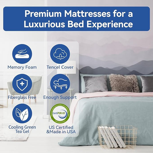 Extra Firm Mattress Twin Size 8 Inch with Tencel Cover, Premier Cooling Green Tea/Gel Memory Foam Mattresses in Box, Medium Firm to Extra Firm-Mattress for Back Pain, CertiPUR-US, in USA, 75'' x 38''