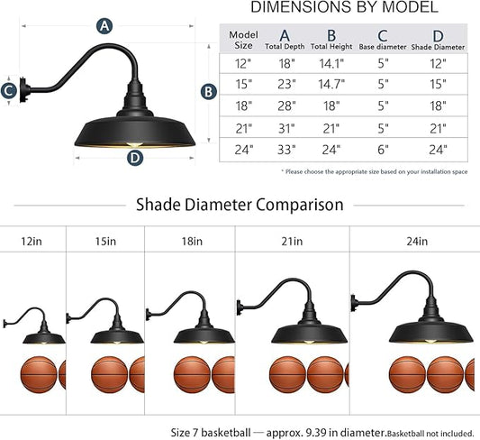 21" Large Gooseneck Barn Light Outdoor 2-Pack, Dusk to Dawn Black Exterior Light Fixture for Farmhouse, Porch, Patio, Gooseneck Lighting