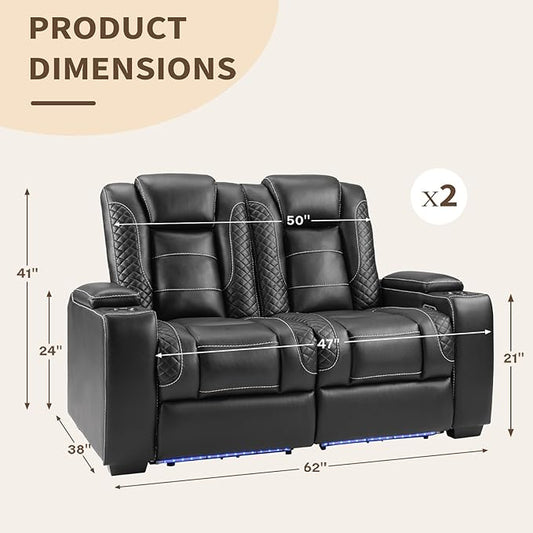 ANJ Power Reclining Loveseat,2 PCS 2-Seater Electric Recliner Sofa with LED Lights, USB Charging & Cup Holders, Faux Leather Living Room Furniture for Home Theater, Small Spaces & RV