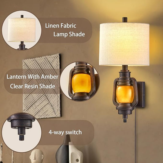 Wall Mount Lamp, Vintage Wall Lights with Plug in Cord - Dark Bronze Finish, Wall Sconce with Linen Fabric Shade and LED Nightlight for Living Room, Bedroom, Hallway and Home Office (Bulb Included)
