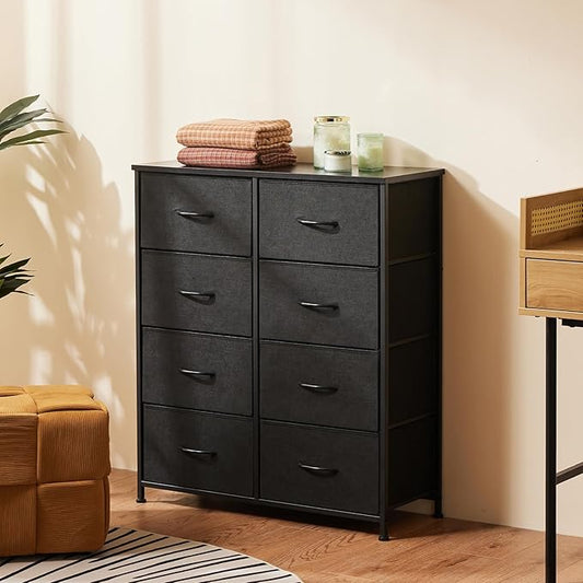 Sweetcrispy Dresser, Dresser for Bedroom Drawer Organizer Storage Drawers, Fabric Storage Tower with 8 Drawers, Chest of Drawers with Steel Frame, Wood Top for Living Room, Closet,Black