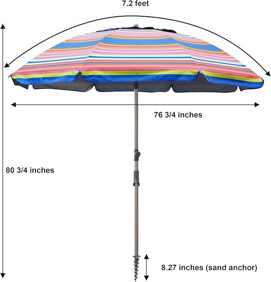 Blissun 7.2' Beach Umbrella with Sand Anchor, Outdoor Portable Beach Umbrella for Sand with Tilt Pole, Carry Bag, Air Vent