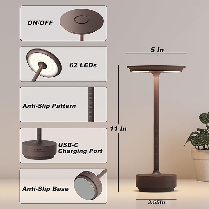 1 Pack Rechargeable Table Lamps Cordless, Portable 5000mAh Outdoor Table Light, 3 Color Stepless Dimming LED Table Lamp with Memory Function, for Home/Dinner/Patio/Restaurant.(Rust)