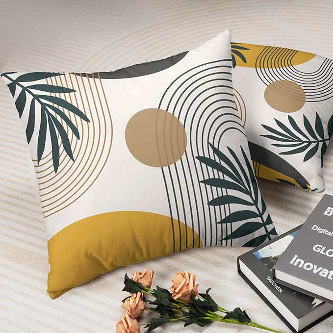 Abstract Boho Pillow Covers 18x18 Set of 2 Mid Century Modern Pillow Covers Minimalist Geometric Green Leaves Throw Pillow Covers Home Decor for Sofa Bed Couch