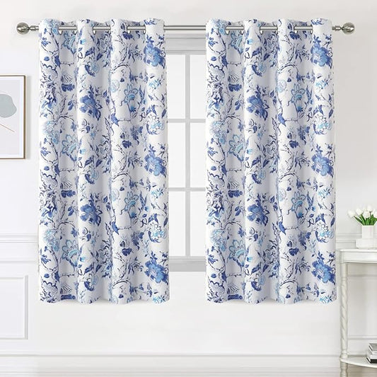 H.VERSAILTEX Blackout Curtains 63 Inch Length 2 Panels Set Floral Print Curtain Drapes for Living Room Thermal Insulated Grommet Window Curtains for Bedroom - Traditional Floral in Blue and White