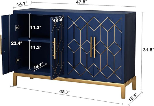 47.8" Storage Accent Cabinet with 4 Doors, Modern Sideboard Buffet Cabinet with Gold Lines, Wood Decorative Credenza with Storage for Living Room, Kitchen, Dining Room, Entryway, Blue