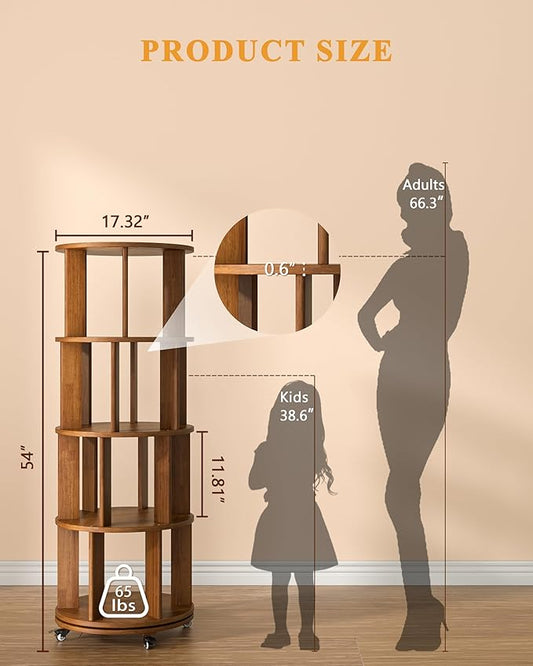 4-Tier Solid Wood Rotating Bookshelf on Wheels, 360° Spinning Book Shelf Tower, Round Revolving Bookcase Organizer, Rolling Bookshelves for Small Spaces, Corner, Bedroom, Kids Room, Office, Walnut