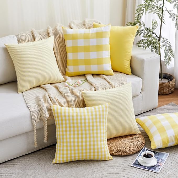 CARRIE HOME Yellow Farmhouse Plaid Outdoor Pillow Covers 18x18 Set of 4, Summer Decorative Accent Throw Pillow Covers 18 x 18, Neutral Yellow Pillows for Couch and Porch (No Pillow Inserts)