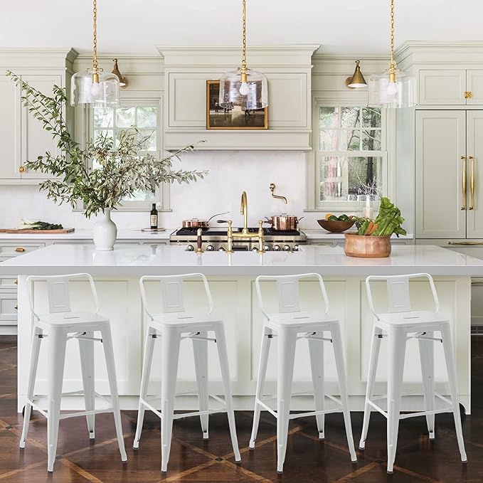 Tongli Metal Bar Stools Set of 4 Barstools Counter Height Bar Stools with Back Industrial Bar Stool Indoor Counter Stool Kitchen Island Stools Modern Bar Chair 26inch White Cream
