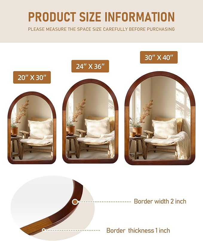 Arched Mirror 24 x 36 Inch,Brown Wood Rustic Bathroom Tempered Wall Mirror with Wood Frame,Round Corner Arch Farmhouse Wooden Vanity Mirror for Living Room,Entryway or Bedroom(Walnut Brown)