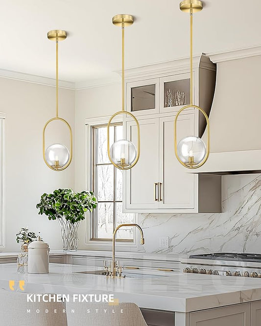 AUTELO Gold Pendant Lights, 1-Light Pendant Lights Kitchen Island in Brushed Gold Finish with Clear Globe Glass, Mid Century Pendant Light Fixtures, Gold Hanging Lights for Kitchen Island H9376 CLBG