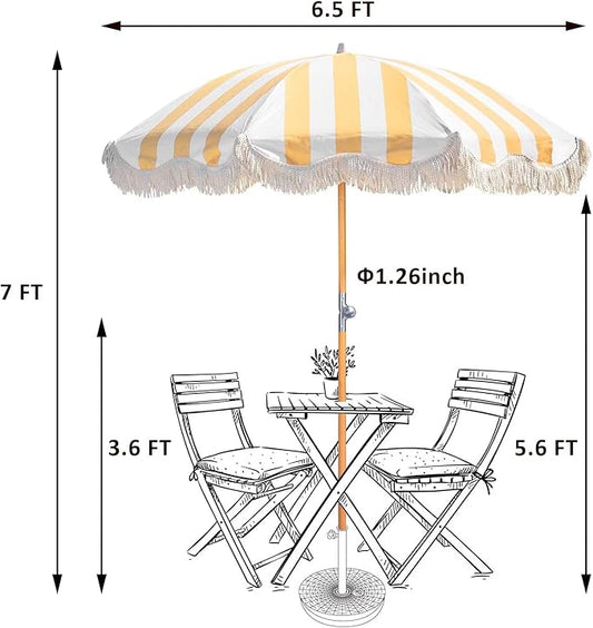 6.5ft Boho Beach Umbrella with Fringe, UPF 50+ Tassel Umbrellas with Carry Bag, Premium Wood Pole Foldable Patio Umbrella for Outdoor Holiday Garden Lawn Pool Yard Table