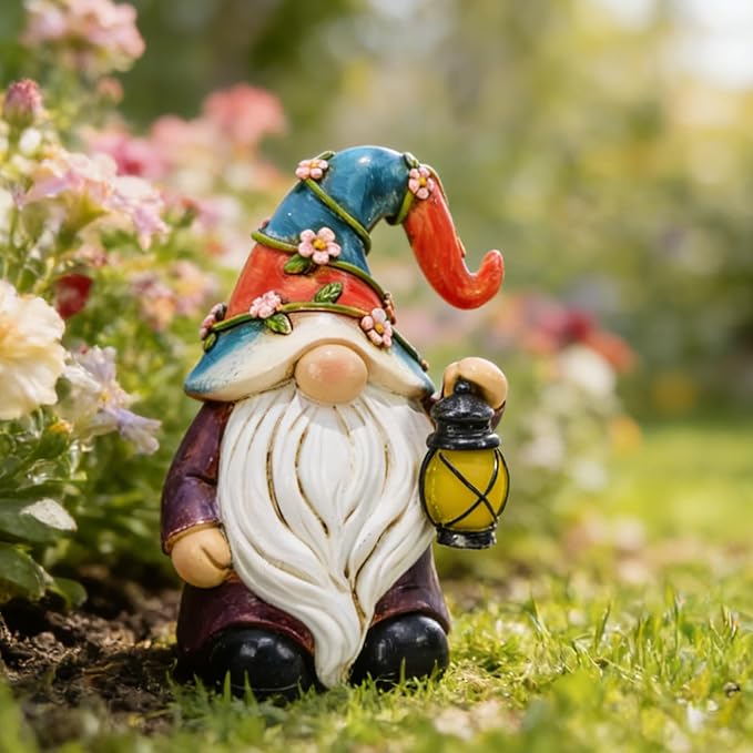 Garden Gnomes Statues with Solar LED Light - Mini 4.9 inch Gnome Sculptures for Porch Balcony Patio Yard Lawn Balcony Home Decor Mother's Day Birthday Gifts for Women
