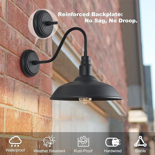 14 Inch Outdoor Gooseneck Light Fixture for Porch, 2 Pack Large Exterior Barn Lights for Farmhouse, Black Outside Wall Sconce for Porch Patio Garage