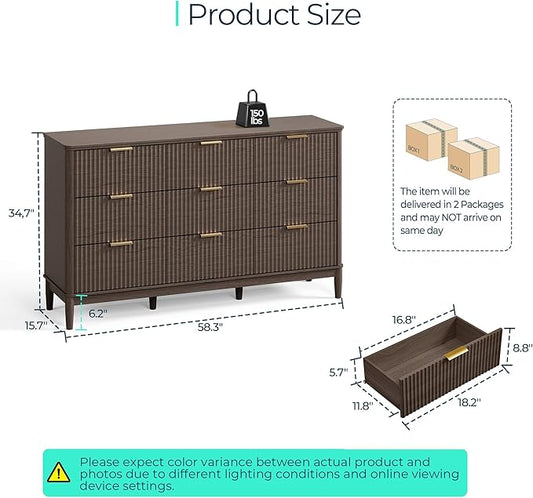 LINSY HOME Fluted Dresser for Bedroom with 9 Drawers, 58" Wide Mid Century Modern Dresser, Tall Boho Chest of Drawers, Large Wood Accent Storage Cabinet for Living Room, Curved Profile Design, Walnut