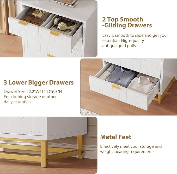 GAOMON White 5 Drawer Dresser for Bedroom, Chest of Drawers with Metal Base, Modern Dresser Chest Cabinet Organizer for Living Room, Hallway, Closet