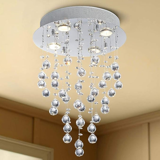 Bestier Modern Crystal Round Raindrop Chandelier Lighting Flush Mount LED Ceiling Light Fixture Pendant Lamp for Dining Room Bathroom Bedroom Livingroom 4 GU10 Bulbs Required 14 in Wide 20 inch High