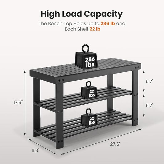 Sweetcrispy 3-Tier Shoe Rack Bench, Bamboo Entryway Storage Organizer, Shoes Stand for FrontDoor Entrance, Bedroom, Living Room, 286lb Capacity, 11.3 x 27.6 x 17.8 Inches, Pitch-Black
