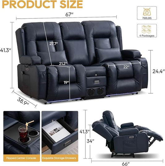 IPKIG Power Recliner Sofa with Flip-Up Backrest Console, USB & USB-C Ports, AC Outlet, LED Lights, Wall Hugger Recliners for Living Room, RV (Dark Blue, 67" - 3 Seat) | Breathable Leather, Zero Gravity, Dual Reclining, 2 Lumabr Pillow, Bluetooth Speakers