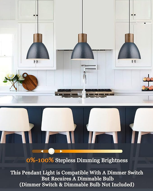 ELYONA 3 Pack Hammered Pendant Lights 7” Small Metal Solid Wood Hanging Light Fixtures Adjustable Height Industrial Pendant Lighting for Kitchen Island Dining Room Bedroom Bar Office, Modern Blue