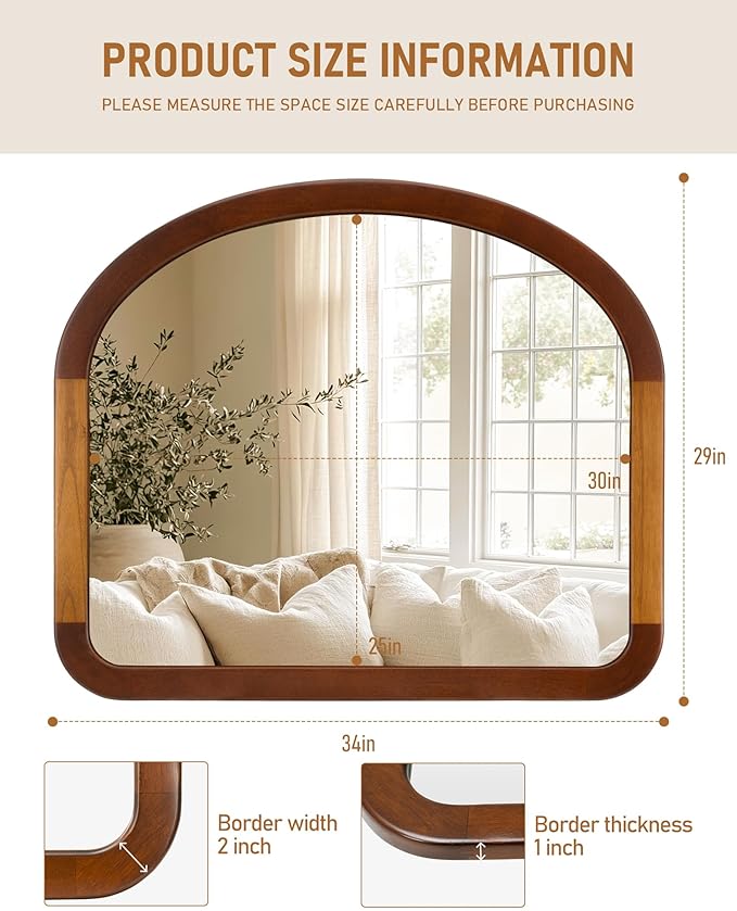 Arched Mirror 34 x 29 Inch,Brown Wood Rustic Bathroom Tempered Wall Mirror with Wood Frame,Round Corner Arch Farmhouse Wooden Vanity Mirror for Living Room,Entryway or Bedroom(Walnut Brown)