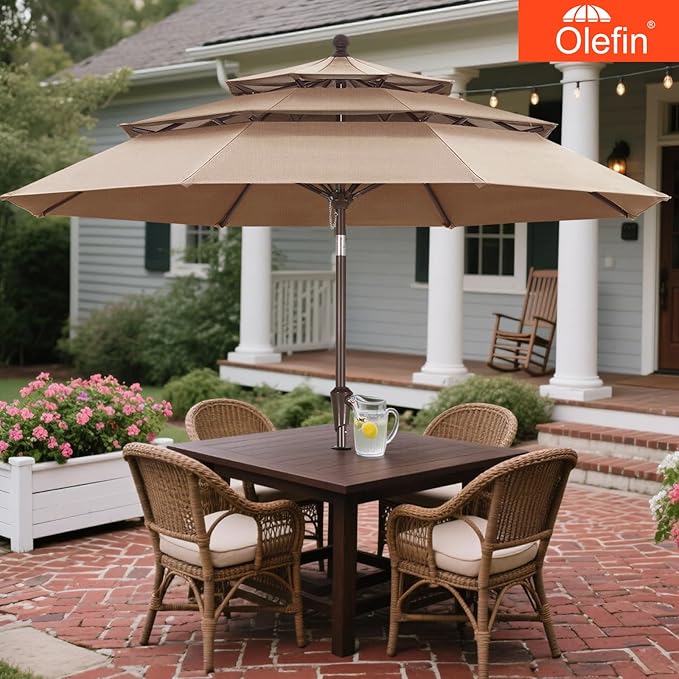 MASTERCANOPY 9ft 3-Tier Olefin Patio Umbrella with Tilt Crank, 5-Year-Non-Fading Canopy & 8 Fiberglass Ribs for Deck, Patio, and Garden, Chestnut
