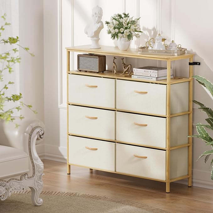 Solid Wood Dresser, Dresser with 6 Drawers, Solid Bamboo Frame Paired with Fabric Storage Boxes, Large Capacity, Stable and Durable, Versatile Style, for Bedrooms, Living Rooms, and Hallways