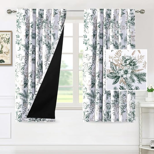 H.VERSAILTEX Full Blackout Vintage Floral Curtains 63 Inch Length for Bedroom Back Tab/Rod Pocket Curtains Room Darkening Thermal Insulated Window Treatment Curtains, 2 Panels, Moss and Wheat