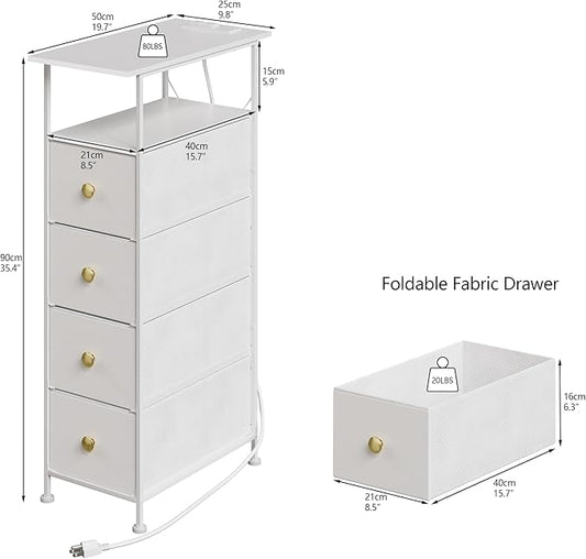 GiftGo Narrow Dresser with Charging Station LED Storage Tower with Fabric Chest of Drawers for Small Space Gap Open Shelf Skinny Dresser for Bedroom Closet, Bathroom (White, 4 Drawers)