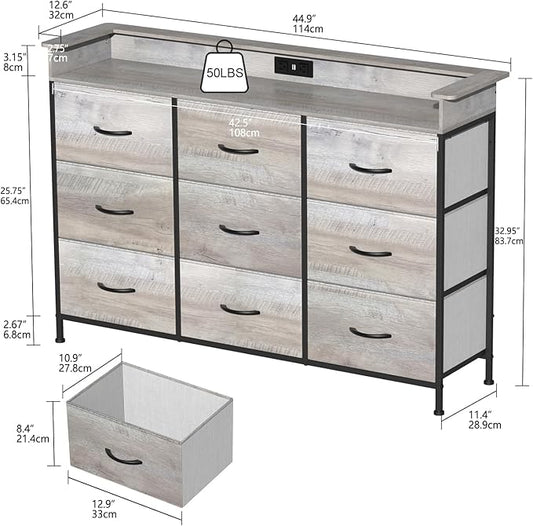 EXOTICA Dresser with Charge Station 9 Drawers Dresser for Bedroom with LED Lights Tall Wide Fabric Dressers & Chests of Drawers for Closet Hallway Entryway Sturdy Steel Frame Wood Top
